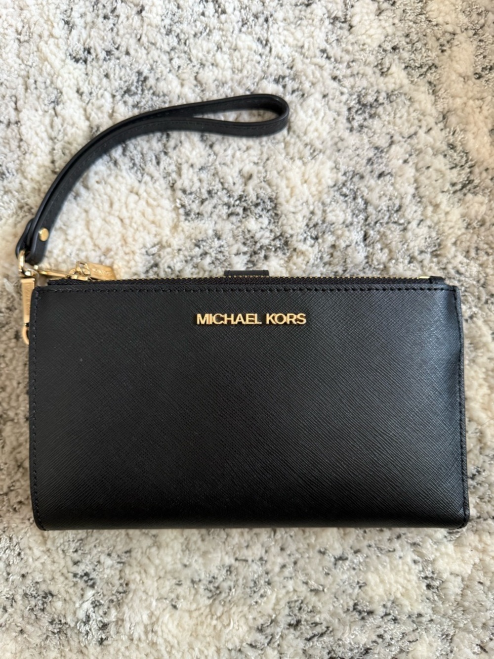 Michael Kors Black Saffiano Leather Wristlet Wallet with Gold Logo